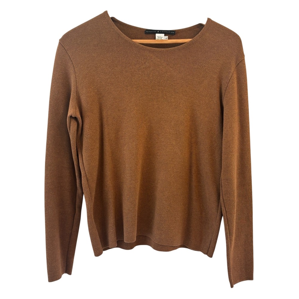 Peruvian Connection Top Womens L Brown Pima Cotton Ribbed Crew Neck Classic